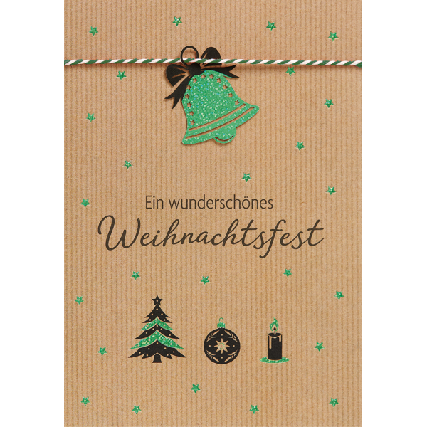 Weihnachten Glückwunschkarte mit Umschlag Kordel Glocke Ein wunderschönes Weihnachtsfest Weihnachtskarte