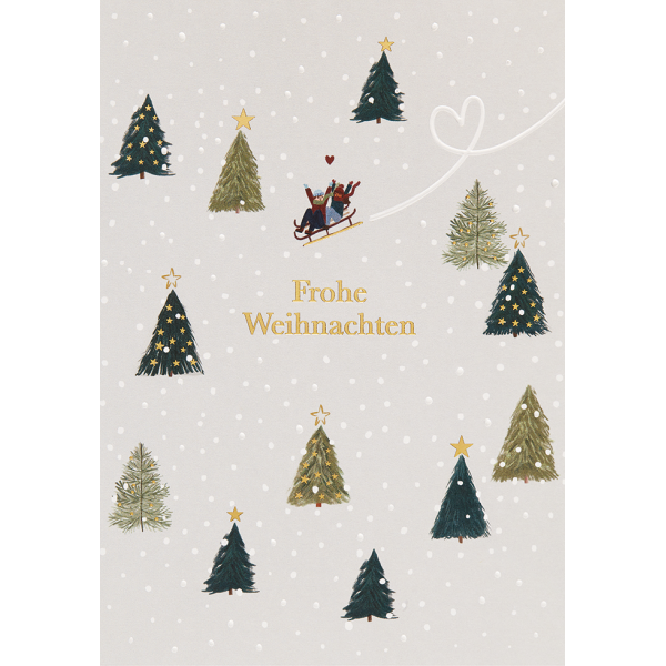 Weihnachten unverpackte Glückwunschkarte mit Umschlag Weihnachtsbäume Schlitten Frohe Weihnachten Weihnachtskarte