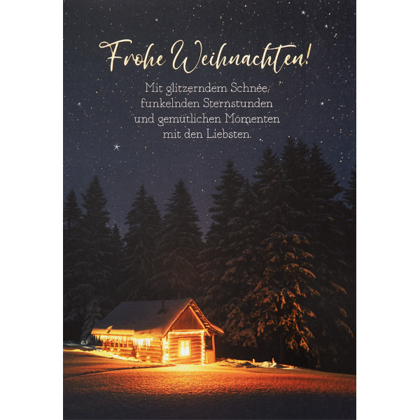 Weihnachten unverpackte Glückwunschkarte mit Umschlag Berghütte Spruch Frohe Weihnachten mit glitzerndem Schnee… Weihnachtskarte