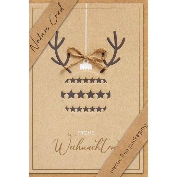 Weihnachten Nature Card unverpackte Weihnachtskarte mit Umschlag Kugel mit Geweih Frohe Weihnachten