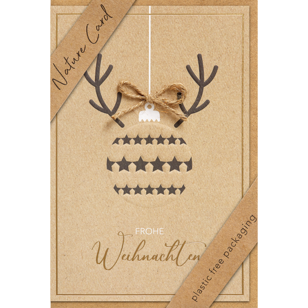 Weihnachten Nature Card unverpackte Weihnachtskarte mit Umschlag Kugel mit Geweih Frohe Weihnachten