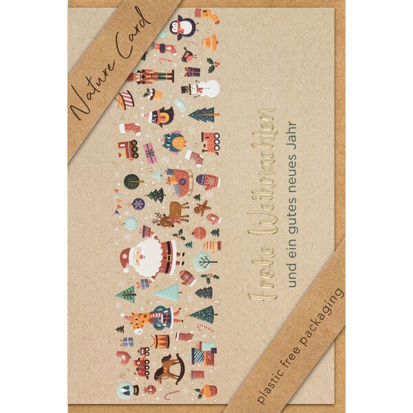 Weihnachten Nature Card unverpackte Weihnachtskarte mit Umschlag Weihnachtssymbole Querformat Frohe Weihnachten und ein gutes neues Jahr
