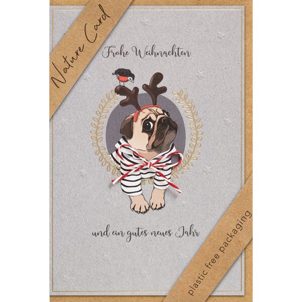 Weihnachten Nature Card unverpackte Weihnachtskarte mit Umschlag Hund mit Geweih Frohe Weihnachten und ein gutes neues jahr
