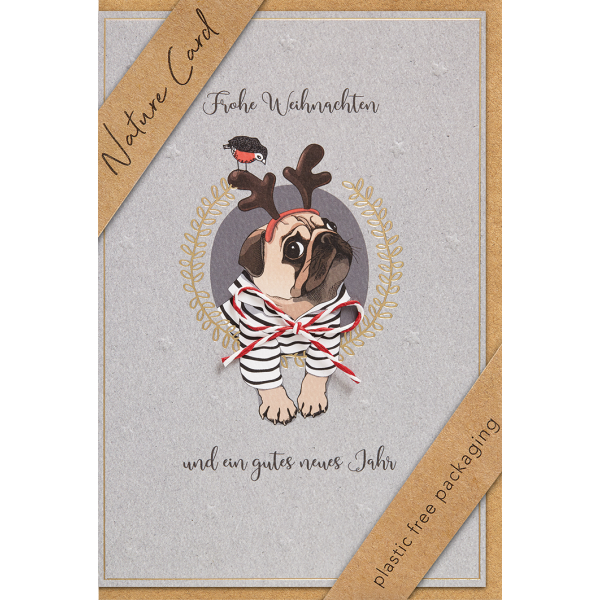 Weihnachten Nature Card unverpackte Weihnachtskarte mit Umschlag Hund mit Geweih Frohe Weihnachten und ein gutes neues jahr