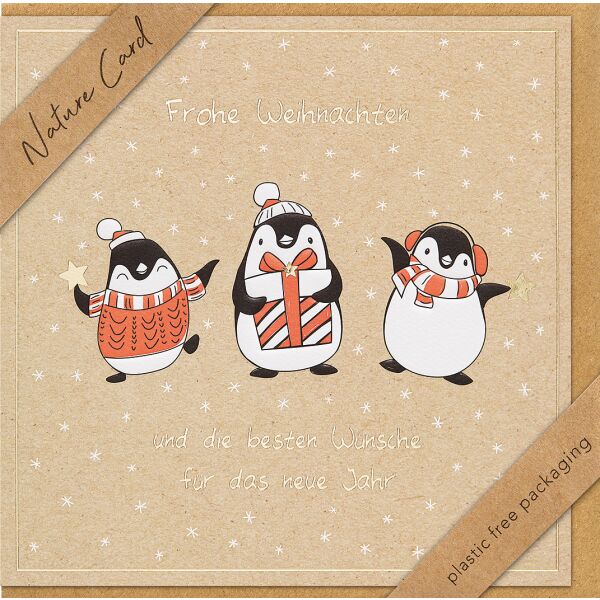 Weihnachten Nature Card quadratische unverpackte Weihnachtskarte mit Umschlag Pinguine Frohe Weihnachten