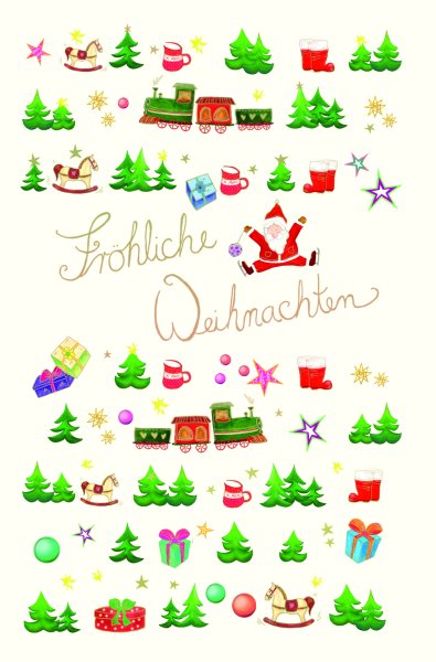 Weihnachten - Skorpions art - Glückwunschkarten im Format 11,5 x 17 cm - Schaukelpferd, Tannenbäume, Zug, Weihnachtsmann, Geschenke, Naturkarton, mit Goldfolie und Blindprägung