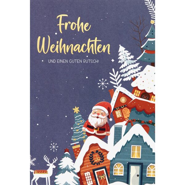 Weihnachten unverpackte Weihnachtskarte mit Umschlag Weihnachtsmann Häuser Frohe Weihnachten und ein gutes neues Jahr