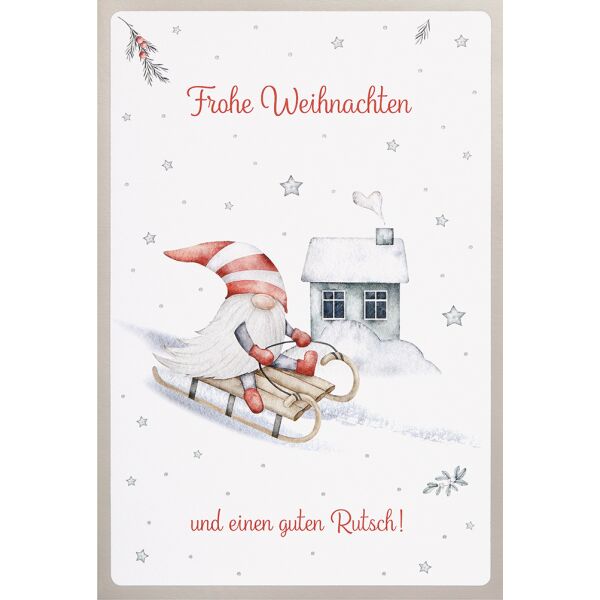 Weihnachten unverpackte Weihnachtskarte mit Umschlag Wichtel Schlittenfahrt Frohe Weihnachten und einen gúten Rutsch