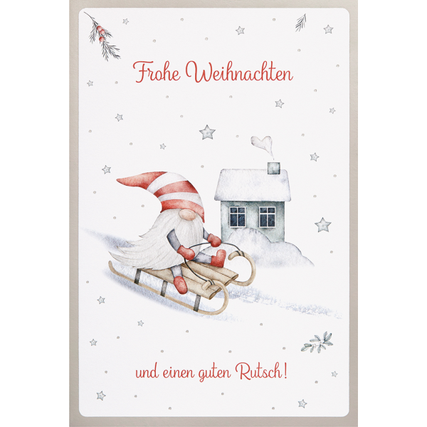 Weihnachten unverpackte Weihnachtskarte mit Umschlag Wichtel Schlittenfahrt Frohe Weihnachten und einen gúten Rutsch