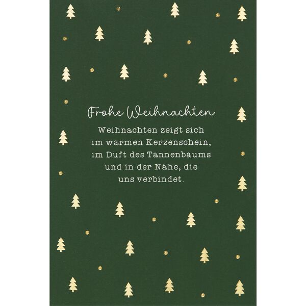 Weihnachten unverpackte Weihnachtskarte mit Umschlag Bäume auf grün Spruch Weihnachten zeigt sich im warmen Kerzenschein…
