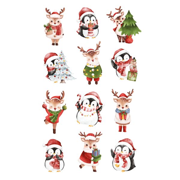 Weihnachtssticker Aufkleber Pinguin Rentier - 2 Bögen in der Packung 7,8 x 12,5cm Christmas-stickers