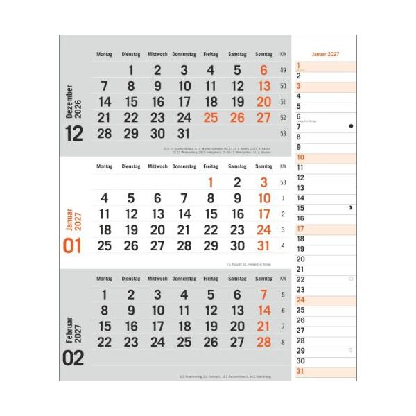 Kalender 2027 tm 3-Monatsplaner orange 30 X 35
