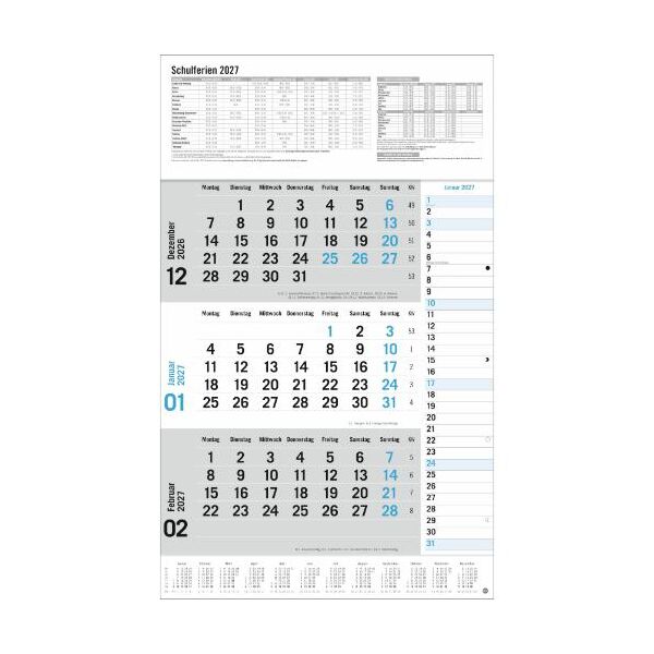 Kalender 2027 3-Monats-Planer Klappfälzel 30 X 39