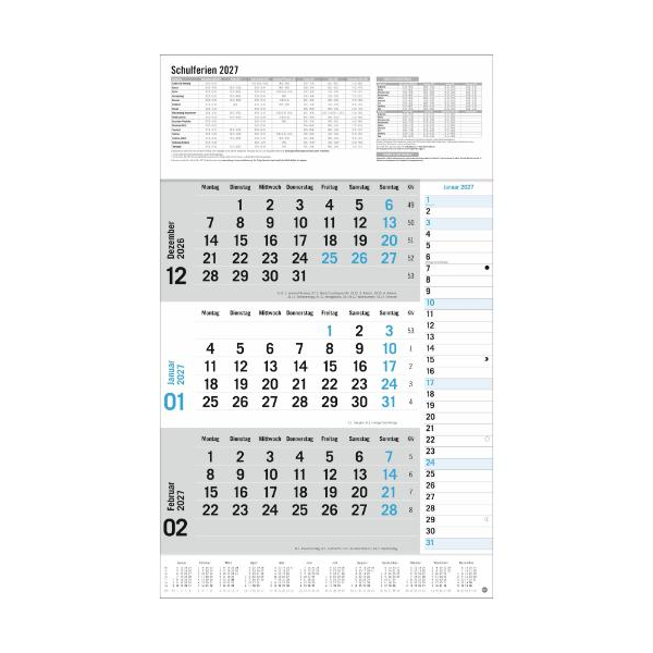 Kalender 2027 3-Monats-Planer Klappfälzel 30 X 39