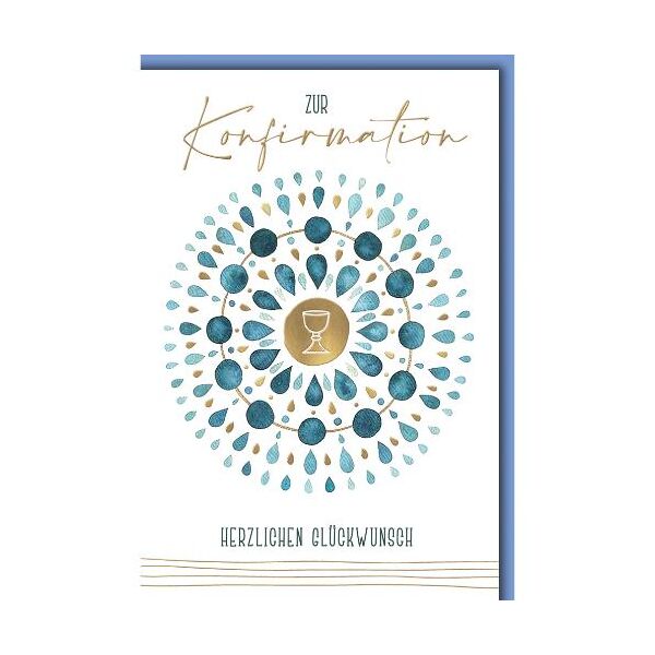 Konfirmation Glückwunschkarte mit Briefumschlag Kelch gold blaue Tropfen