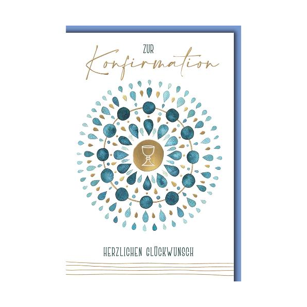Konfirmation Glückwunschkarte mit Briefumschlag Kelch gold blaue Tropfen