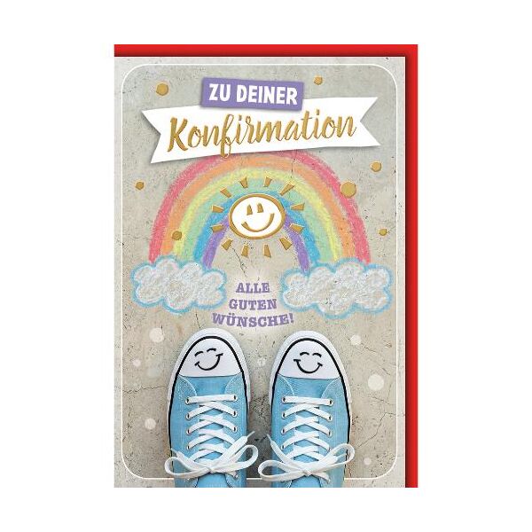 Konfirmation Glückwunschkarte mit Briefumschlag Regenbogen Sneakers Sonne Gesichter Alle Guten Wünsche