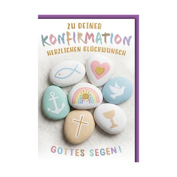 Konfirmation Glückwunschkarte mit Briefumschlag Steine mit Symbolen bemalt Gottes Segen