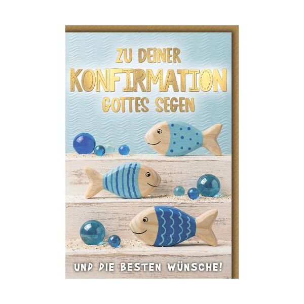 Konfirmation Glückwunschkarte mit Briefumschlag Holzfische und Murmeln die besten Wünsche