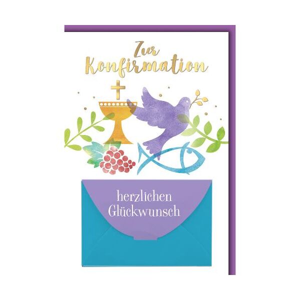 Konfirmation Glückwunschkarte mit Briefumschlag Geldkarte Taube Kelch Kreuz Trauben herzlichen Glückwunsch