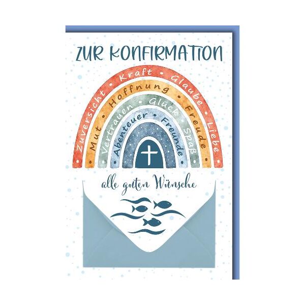 Konfirmation Glückwunschkarte mit Briefumschlag Geldkarte Regenbogen Kraft Glaube Liebe Freunde Glück Spaß