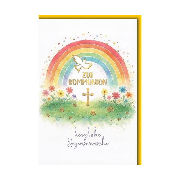 Kommunion Glückwunschkarte mit Briefumschlag Regenbogen Blumenwiese Kreuz herzliche Segenswünsche