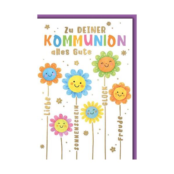 Kommunion Glückwunschkarte mit Briefumschlag Bunte Blumen mit Gesicht Liebe Freude Sonnenschein Glück