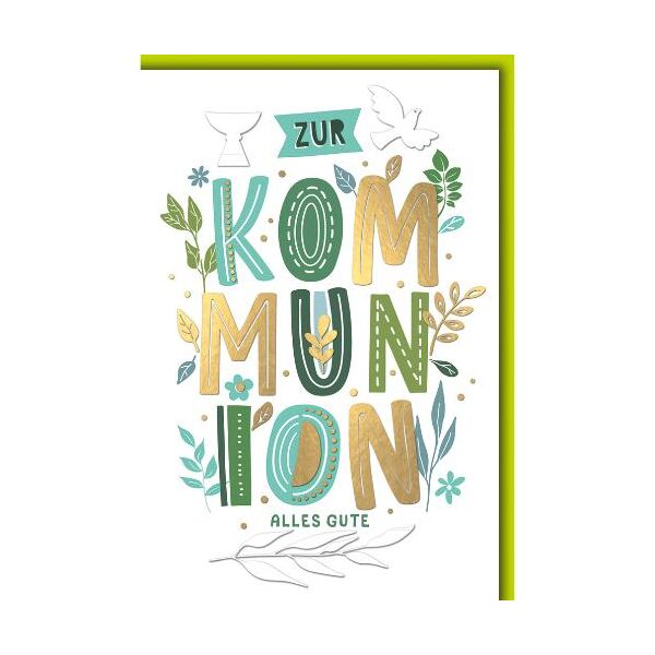 Kommunion Glückwunschkarte mit Briefumschlag KOMMUNION und Blätter Zweige Alles Gute