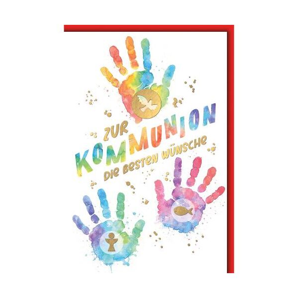 Kommunion Glückwunschkarte mit Briefumschlag Bunte Handabdrücke Kelch Fisch Taube die besten Wünsche