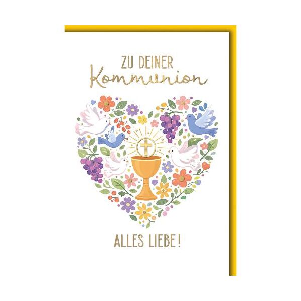 Kommunion Glückwunschkarte mit Briefumschlag Blumenherz und Tauben Alles Liebe Kelch Kreuz