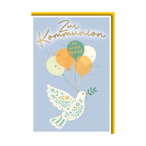 Kommunion Glückwunschkarte mit Briefumschlag Taube mit buten Luftballons Zweig die besten Wünsche