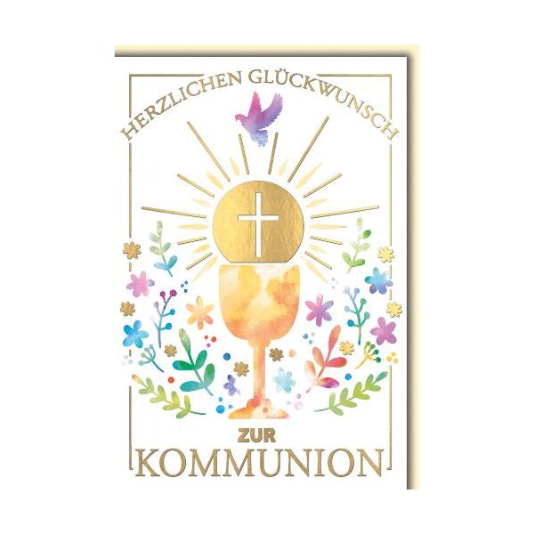 Kommunion Glückwunschkarte mit Briefumschlag Goldener Kelch Kreuz Taube Zweige Blätter
