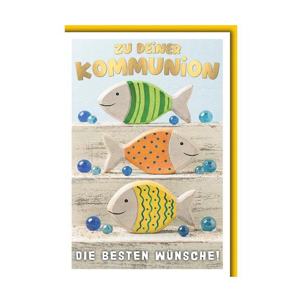 Kommunion Glückwunschkarte mit Briefumschlag bunte Holzfische und Murmeln