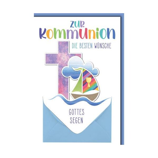 Konfirmation Glückwunschkarte mit Briefumschlag Geldkarte Segelboot und rotes Kreuz Gottes Segen