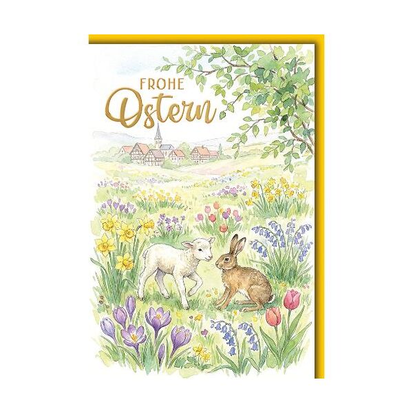 Ostern Grußkarte mit Briefumschlag Osterhase und Lamm auf Wiese Frohe Ostern