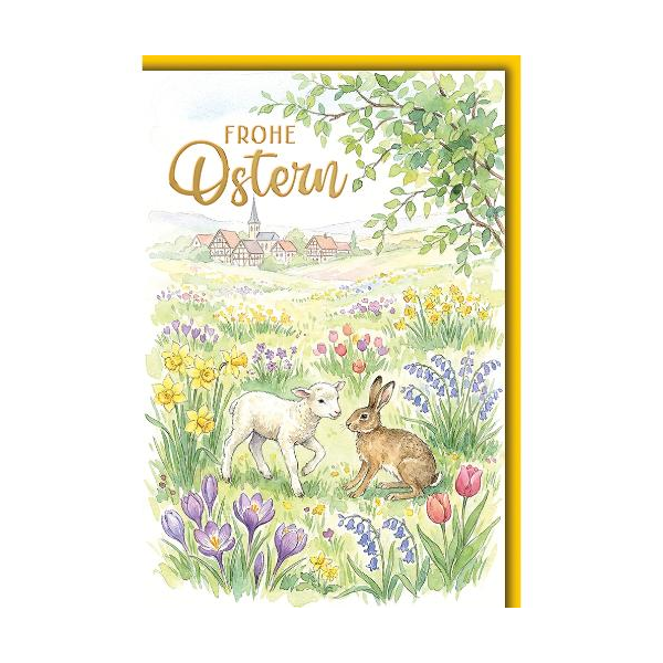 Ostern Grußkarte mit Briefumschlag Osterhase und Lamm auf Wiese Frohe Ostern