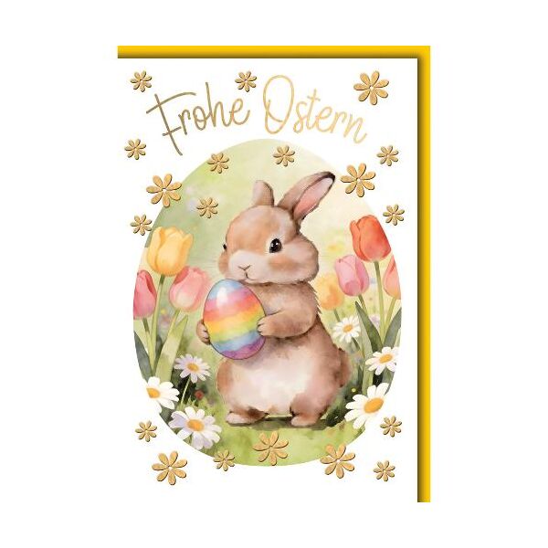Ostern Grußkarte mit Briefumschlag Osterhase mit buntem Ei Tulpen Frohe Ostern