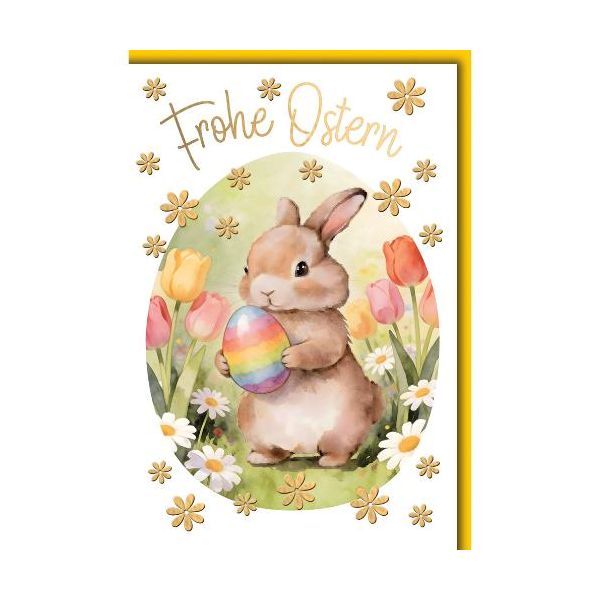 Ostern Grußkarte mit Briefumschlag Osterhase mit buntem Ei Tulpen Frohe Ostern