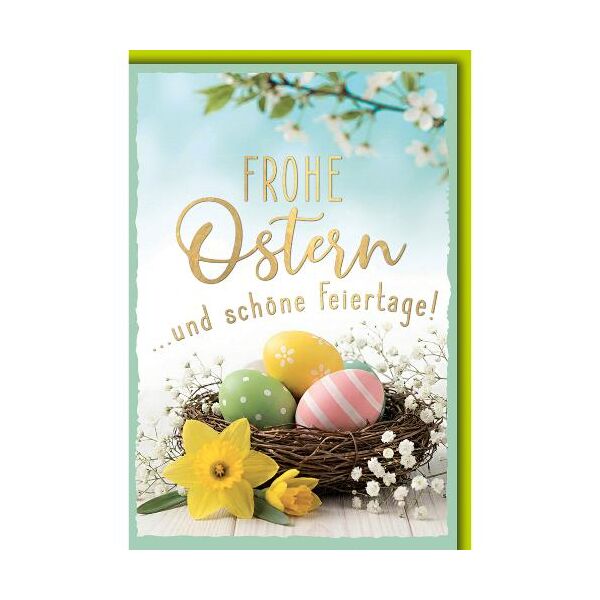 Ostern Grußkarte mit Briefumschlag Osternest mit Eiern Narzisse schöne Feiertage