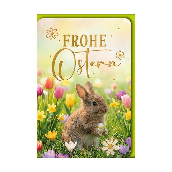 Ostern Grußkarte mit Briefumschlag Häschen in Tulpenwiese Frohe Ostern