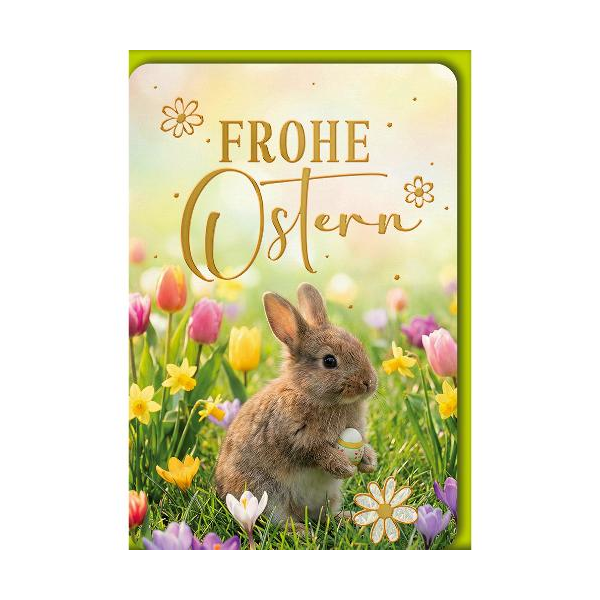 Ostern Grußkarte mit Briefumschlag Häschen in Tulpenwiese Frohe Ostern