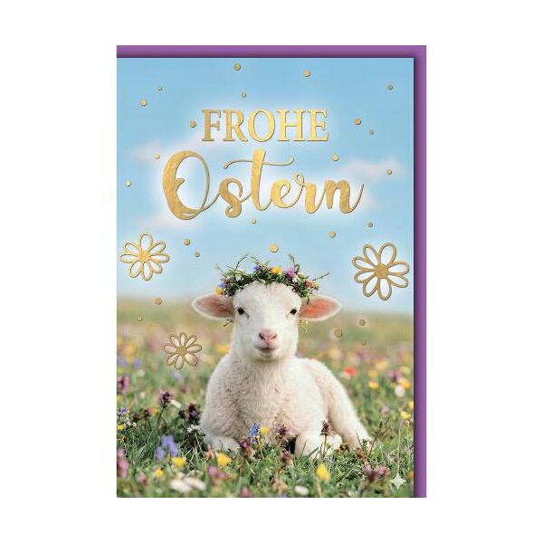 Ostern Grußkarte mit Briefumschlag Lamm mit Blumenkranz auf Wiese Frohe Ostern
