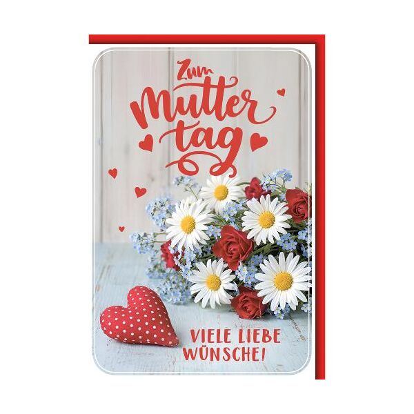 Muttertag Glückwunschkarte mit Briefumschlag Blumenstrauß Stoffherz viele liebe Wünsche