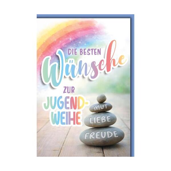 Jugendweihe Glückwunschkarte mit Briefumschlag Regenbogen und Steine Mut Liebe Freude die besten Wünsche