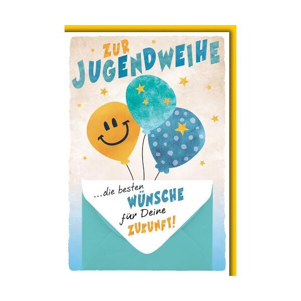 Jugendweihe Glückwunschkarte mit Briefumschlag Geldkarte Luftballons Gesicht die besten Wünsche für deine Zukunft