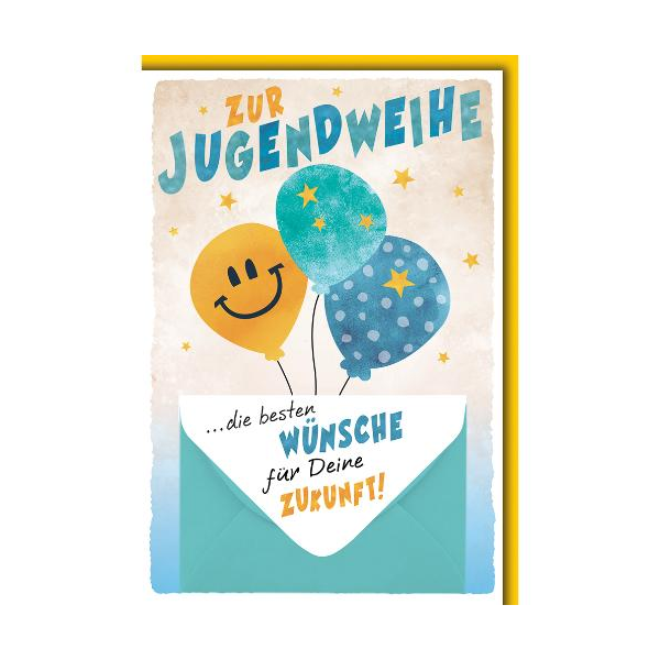 Jugendweihe Glückwunschkarte mit Briefumschlag Geldkarte Luftballons Gesicht die besten Wünsche für deine Zukunft