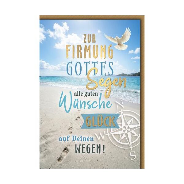 Firmung Glückwunschkarte mit Briefumschlag Strand Taube Kompass Gottes Segen alle Guten Wünsche Glück auf deinen Wegen