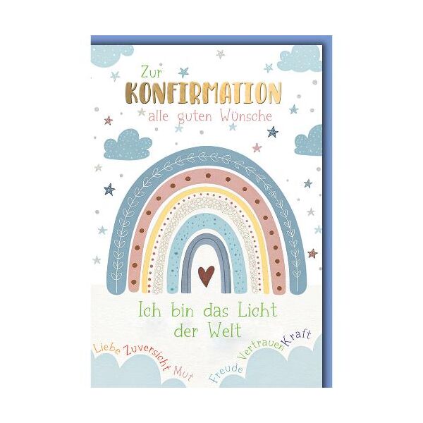 Konfirmation Glückwunschkarte mit Briefumschlag Regenbogen Wolken Sterne Ich bin das Licht der Welt Zuversicht Kraft Mut