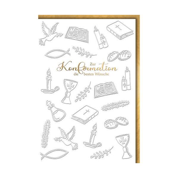 Konfirmation Glückwunschkarte mit Briefumschlag Bibel Kelch Kreuz Gerste Kerze Taube