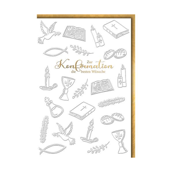 Konfirmation Glückwunschkarte mit Briefumschlag Bibel Kelch Kreuz Gerste Kerze Taube
